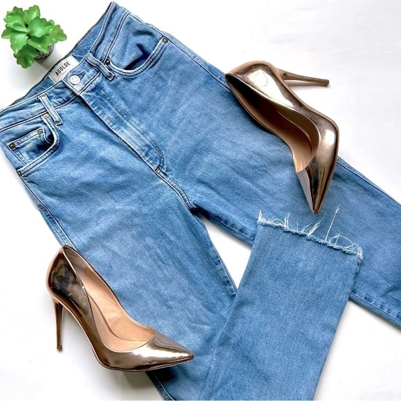 AGOLDE Pinch Waist Straight Jeans High Rise Cut Off Raw Hem Light Divide Wash 24 - Picture 1 of 16